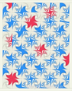 ontwerp Twisted Logcabin quilt door Marjolein den Boer in rood/wit/blauw