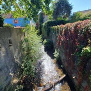 Een riviertje stroomt door de stad